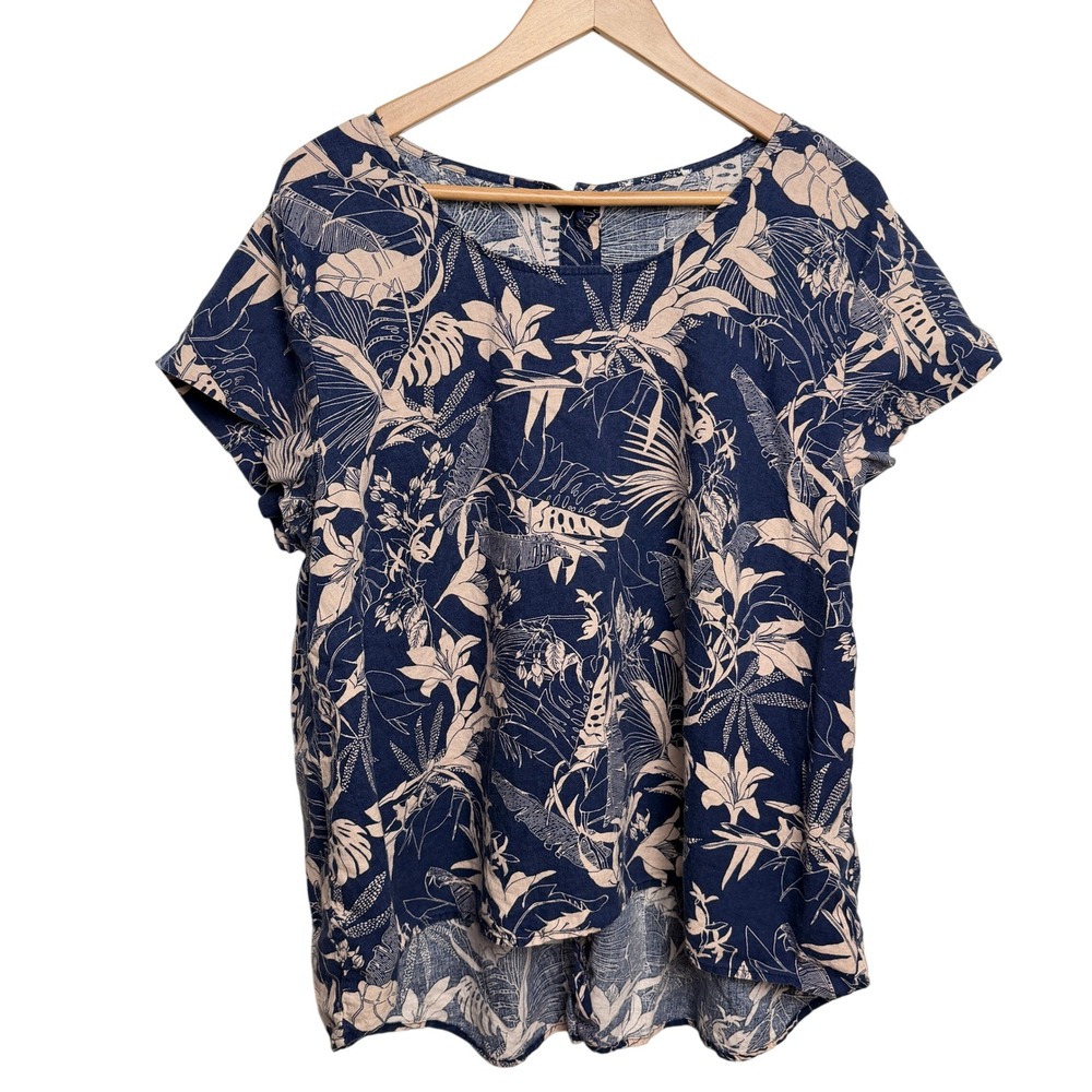 Tropical Linen Button Back Top L Navy Blue Ivory Floral Summer Tropical Coastal